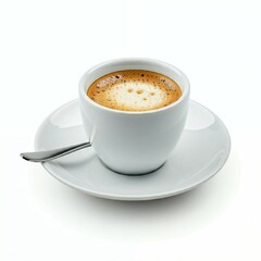 Obraz premium A cup of espresso with crema on a saucer with a spoon, isolated on a white background.