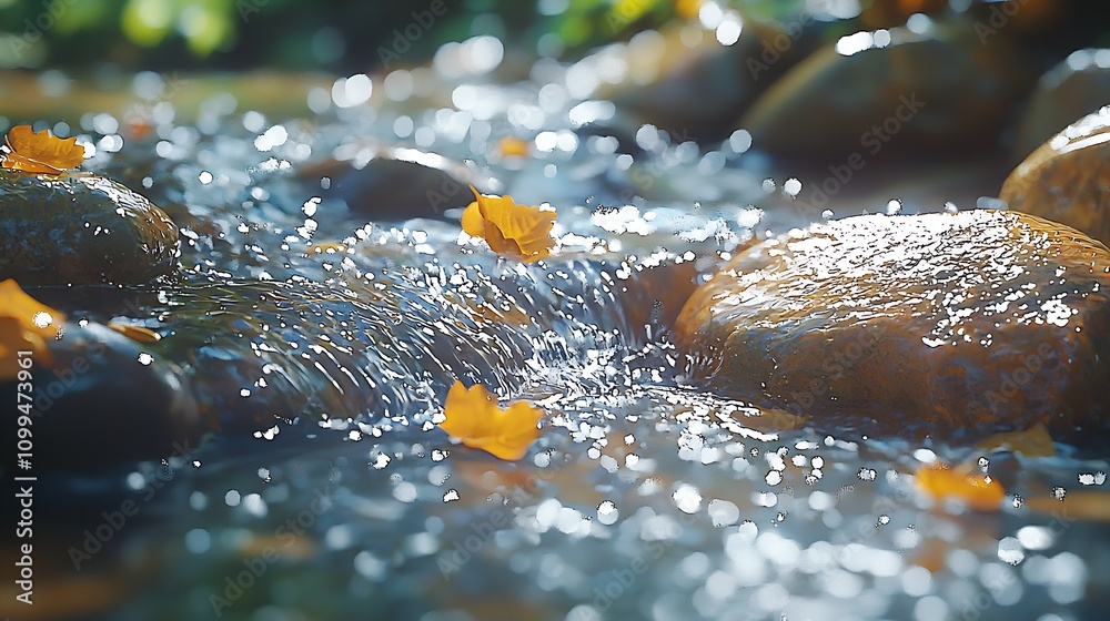 Poster Autumn Leaves Floating in Clear Stream with Sunlit Pebbles and Ripples : Generative AI