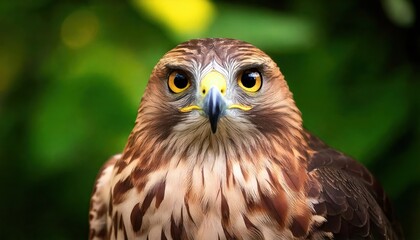  full body photo of hawk blurry green leaf's background 