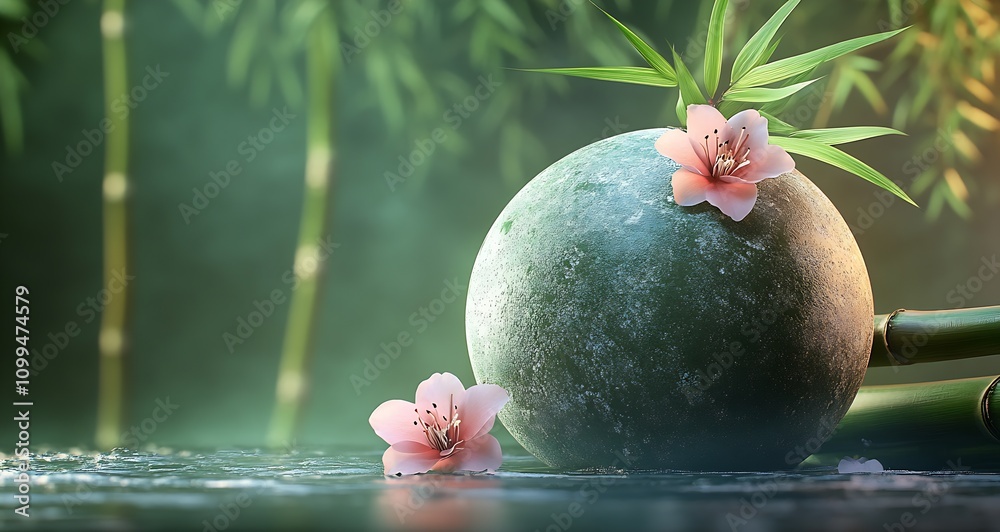 Poster harmonious zen setting with bamboo and delicate blossoms in natural landscape : generative ai