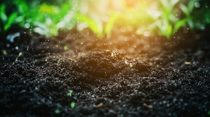 Soil with droplets, illuminated by sunlight, showcasing a vibrant, green environment.