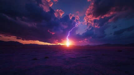 Obraz premium A dramatic sunset with lightning illuminating a barren landscape under vibrant clouds.