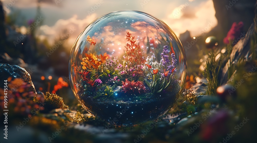 Poster Enchanted Bubble World with Flora and Light in a Mystical Natural Setting : Generative AI