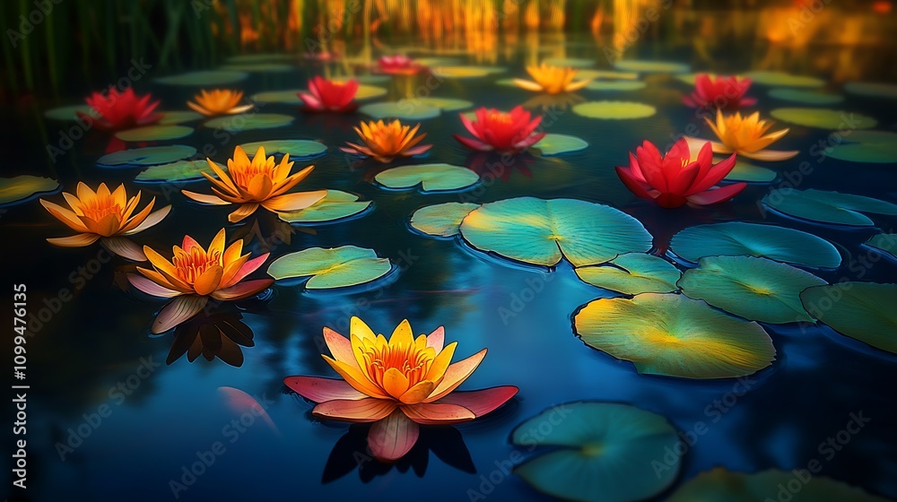 Poster serene pond with vibrant water lilies and lush green lily pads in tranquil nature setting : generati