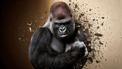 Gorilla smashes wall by punching .Explosion