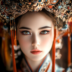 A captivating portrait of a woman wearing an intricately adorned traditional headdress and ornate jewelry, featuring vibrant colors, detailed craftsmanship, and a regal expression.