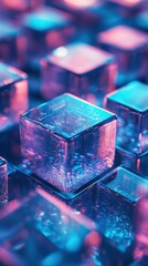 Vibrant Abstract Composition of Clear Ice Cubes with Neon Glow