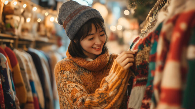 Woman enjoying sweater shopping in cozy winter market setting