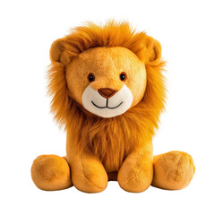 Cute lion plush toy with soft fluffy mane sitting isolated on background as cuddly stuffed animal gift for baby, adorable childhood play object in sweet orange and brown furry design