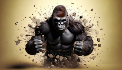 Gorilla smashes wall by punching .Explosion