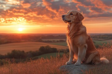 Golden retriever dog sitting on a rock, watching a sunset over rolling hills.