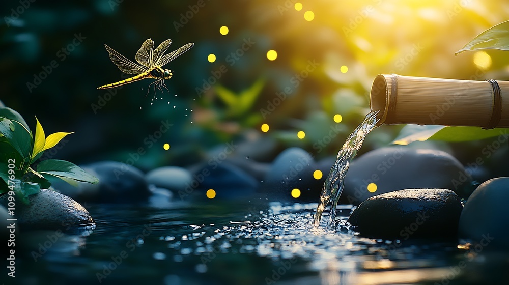 Poster enchanting dragonfly gracefully hovering over tranquil garden stream : generative ai