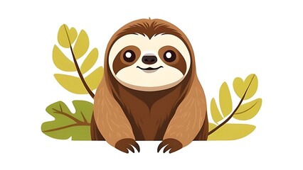 Obraz premium cartoon sloth, flat color illustration, solid white background 