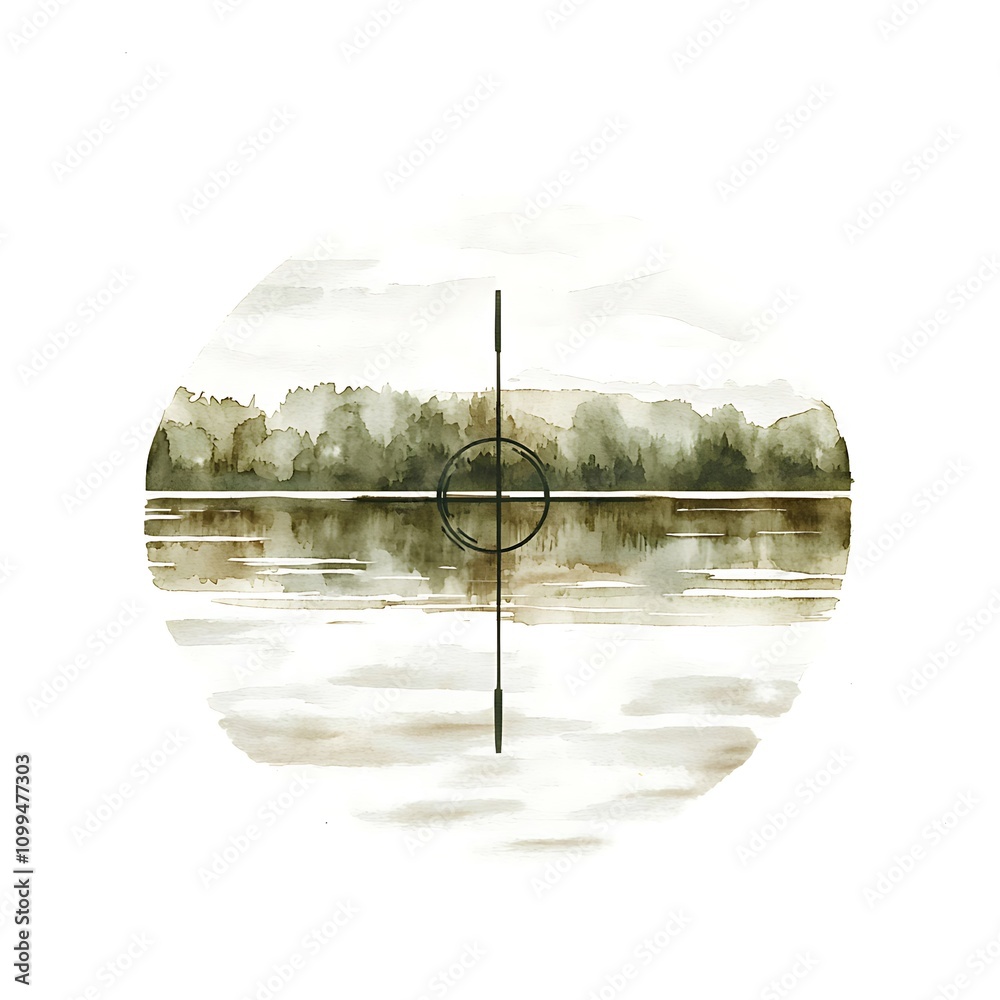 Sticker Watercolor Painting of a Serene Lake Landscape Framed by a Targeting Reticle.