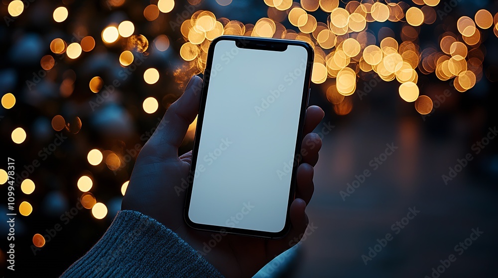 Poster close-up of a hand holding smartphone with blank screen in festive lights : generative ai