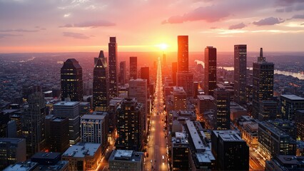 Fototapeta premium Generative AI, Modern Metropolis at Sunset with Reflective Skyscrapers