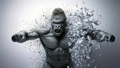 Gorilla smashes wall by punching .Explosion