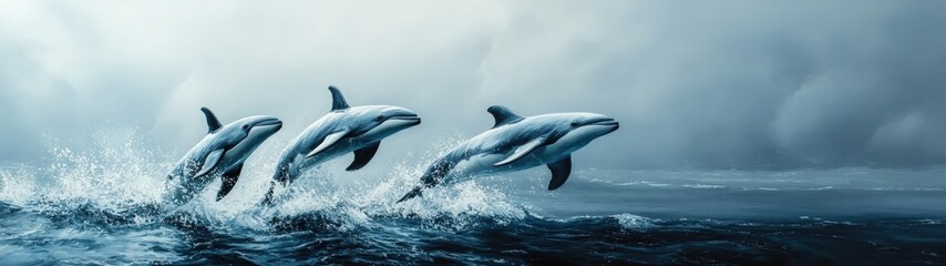 Fototapeta premium Three dolphins leap gracefully through the waves, showcasing their playful nature in a serene ocean setting.