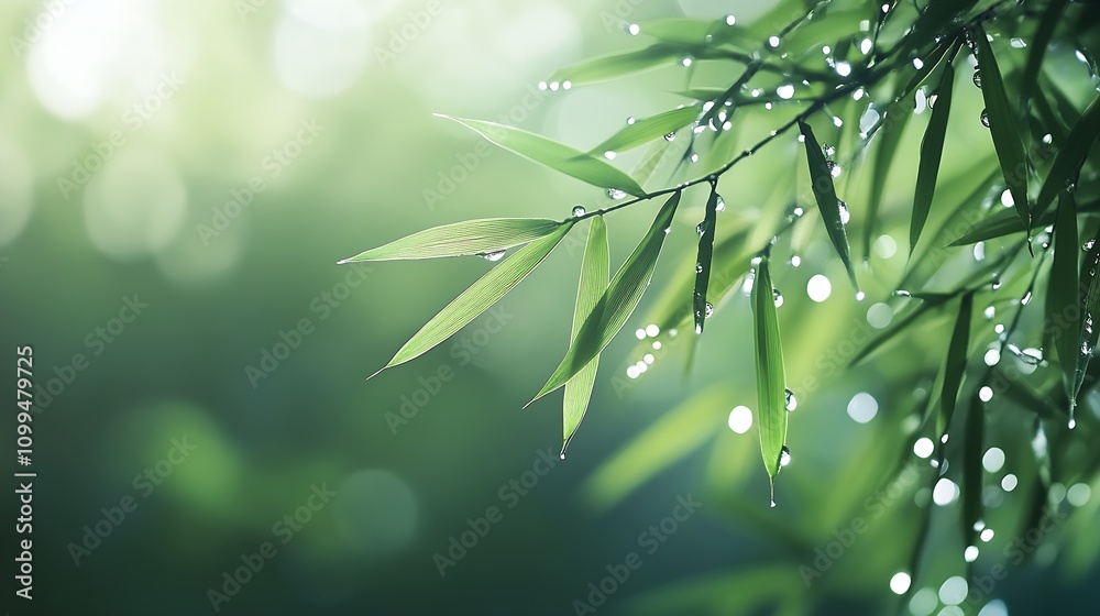 Poster serene bamboo leaves with morning dew in green bokeh background for tranquil atmosphere : generative