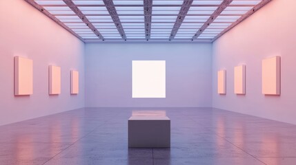 Obraz premium A clean and empty gallery space with glowing floor lights and a central blank exhibition display area