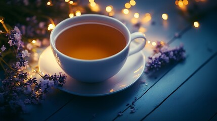Fototapeta premium Tranquil Herbal Tea with Lavender and Ambient Lighting : Generative AI
