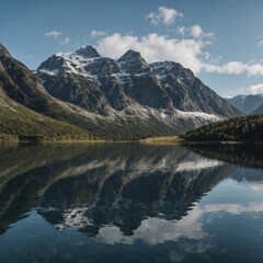 Obraz premium A mountain range mirrored in a tranquil fjord.