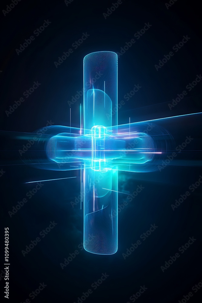 Poster abstract glowing shapes in vibrant blue and cyan tones creating a futuristic and dynamic visual disp