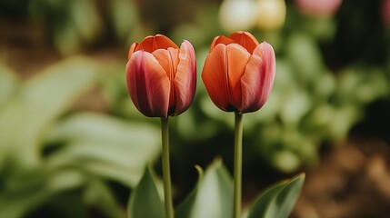 Naklejka premium Colorful Tulip Duo in Full Bloom Amidst Lush Green Foliage : Generative AI