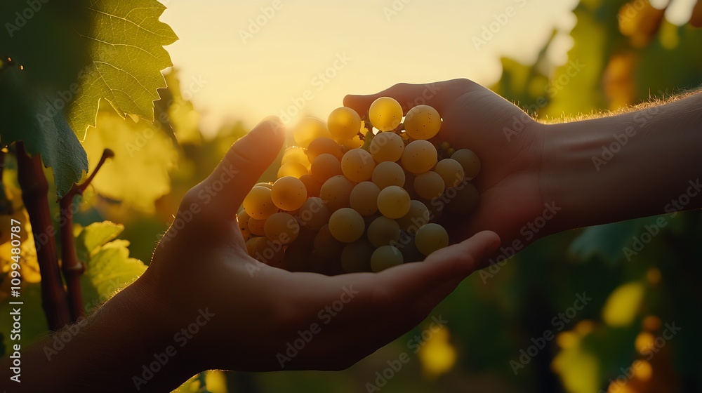 Poster passing grapes at sunset with hands embracing the harvest : generative ai