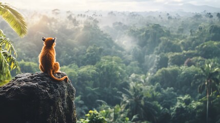 Monkey sitting on a rock in a rainforest