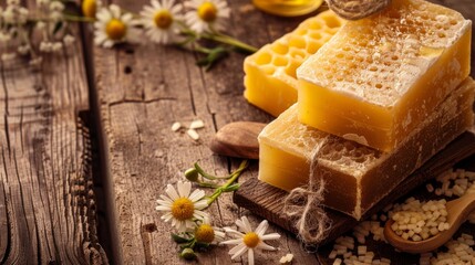 Honeycomb and chamomile flowers on rustic wood