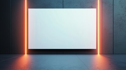 A large presswall mock-up in a modern exhibition center, flanked by sleek, symmetrical LED panels