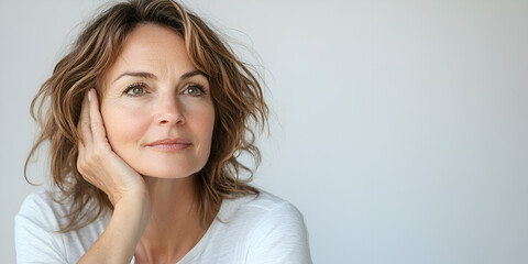 Naklejka premium Confident and Serene: A portrait of a middle-aged woman with shoulder-length wavy brown hair, hand gently resting on her cheek, gazing thoughtfully into the distance.