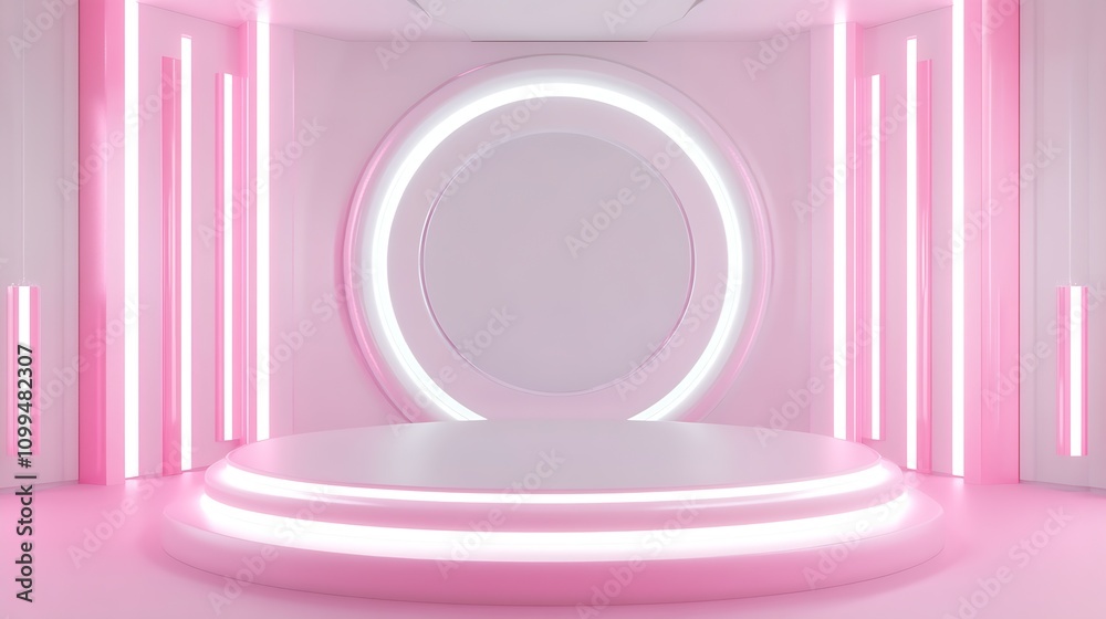 Poster Minimalist Pink Futuristic Stage Setup with Neon Circular Lights and Sleek Design : Generative AI