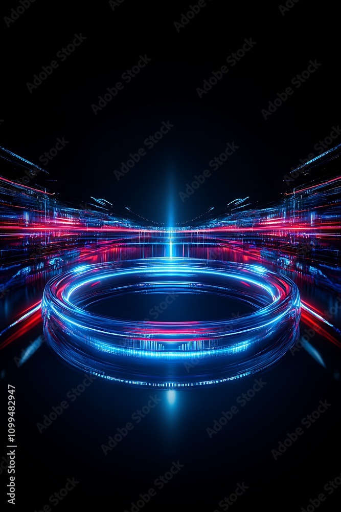 Poster futuristic abstract background with bright neon lights in blue and red creating a dynamic circular s
