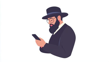 Jewish man using phone, against a white background. The design is simple, with flat colors and a minimalistic style