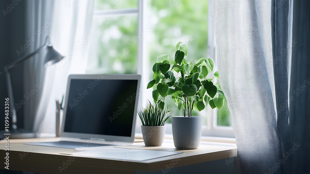Poster modern workspace with laptop and houseplants by a sunlit window : generative ai