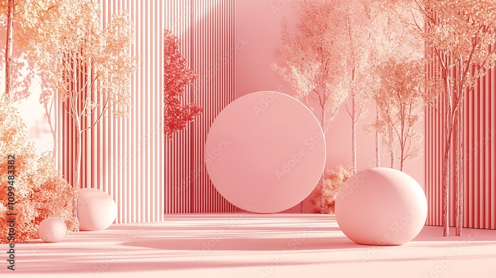 Aufkleber surreal pastel architectural fantasy scene with geometric shapes and trees : generative ai