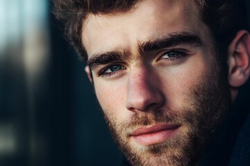 Fototapeta premium Young man with striking blue eyes poses against a dark background