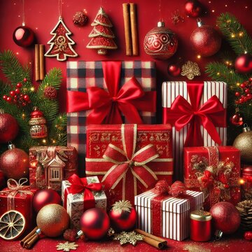 Christmas vertical gifts and ornaments create a festive atmosphere, perfect for holiday celebrations. The vibrant red background enhances the joyful and cheerful mood of the season 
