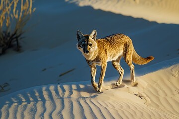 Fototapeta premium Coyote walking through the sandy desert during golden hour
