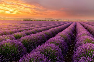 Obraz premium Lavender field at sunset with vibrant colors and lush blossoms