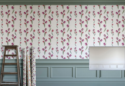 Wallpaper Room Mockup with Classic Paneling, AI-Generated