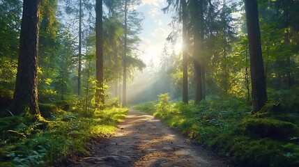 Obraz premium Exploring a sunlit forest path nature trails scenic landscape photography peaceful environment tranquil viewpoint outdoor adventure