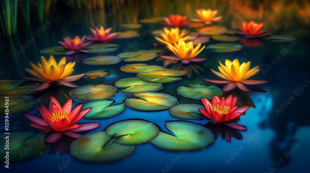 Poster captivating water lilies and floating lily pads in a peaceful reflected water garden : generative ai