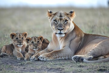 Obraz premium Lioness and her cubs resting in the savannah during sunset