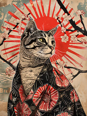 Stylish Cat Portrait in Kimono Against a Vibrant Floral Background with Cherry Blossoms and Sunburst Design, Perfect for Animal Lovers and Art Enthusiasts