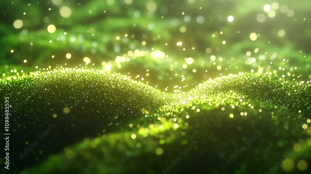 Poster peaceful green scenery with glowing bokeh light and natural organic sparkling effect : generative ai