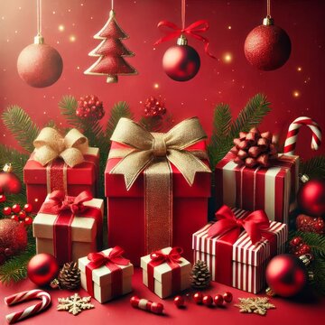 Christmas vertical gifts and ornaments create a festive atmosphere, perfect for holiday celebrations. The vibrant red background enhances the joyful and cheerful mood of the season 
