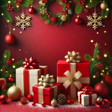 Christmas vertical gifts and ornaments create a festive atmosphere, perfect for holiday celebrations. The vibrant red background enhances the joyful and cheerful mood of the season 
